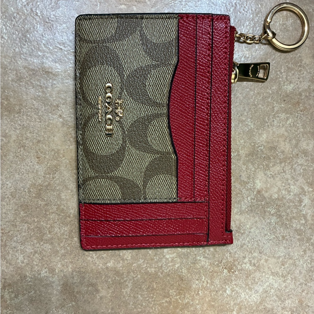 Coach Signature Card Holder in Red and Brown